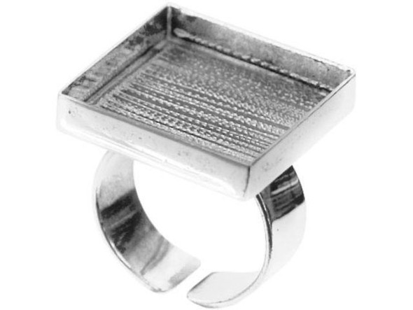 Amate Studios Silver Plated Finger Ring Blank, Adjustable, Square Bezel, 21mm (Each)