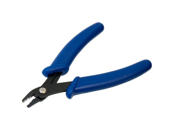 With this specialty crimping tool, you don't need as much pressure on the crimp beads as you may have used with other pliers. Too much pressure can damage the tips of crimping pliers, and may cause the crimp to cut through beading cable. Pliers eventually wear out and may break. Rings & Things backs these crimp pliers with a six month warranty. When handled without excessive pressure, they last much longer. To use crimp pliers, string desired pattern, add crimp bead and finishing finding (jump ring, split ring, bullion or wire protector), then use the crimper section (1) of the crimp pliers to secure the stringing cable. (Best results are achieved when the two cable pieces are positioned on either side of the center dimple.) Use the rounder section (2) for final shaping. This gives you a compact, rounded crimp bead, which (if desired) can be hidden inside large-hole bead, a crimp cover, or even a fold-over bead tip.  See Related Products links (below) for similar items and additional jewelry-making supplies that are often used with this item.