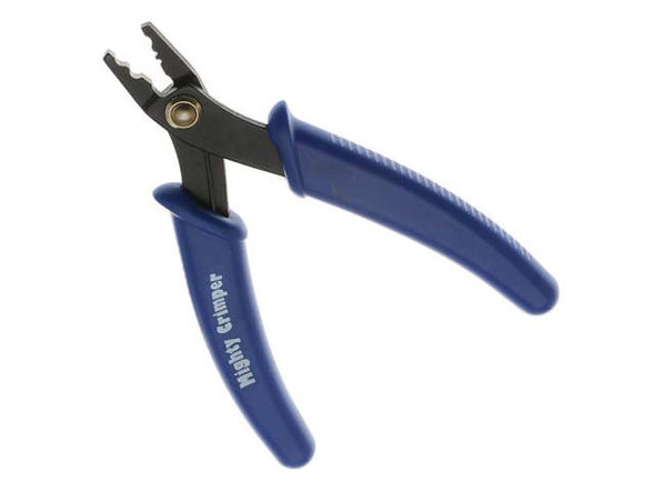 With this specialty crimping tool, you don't need as much pressure on the crimp beads as you may have used with other pliers. Too much pressure can damage the tips of crimping pliers, and may cause the crimp to cut through beading cable. Pliers eventually wear out and may break. Rings & Things backs these crimp pliers with a six month warranty. When handled without excessive pressure, they last much longer. To use crimp pliers, string desired pattern, add crimp bead and finishing finding (jump ring, split ring, bullion or wire protector), then use the crimper section (1) of the crimp pliers to secure the stringing cable. (Best results are achieved when the two cable pieces are positioned on either side of the center dimple.) Use the rounder section (2) for final shaping. This gives you a compact, rounded crimp bead, which (if desired) can be hidden inside large-hole bead, a crimp cover, or even a fold-over bead tip.  See Related Products links (below) for similar items and additional jewelry-making supplies that are often used with this item.