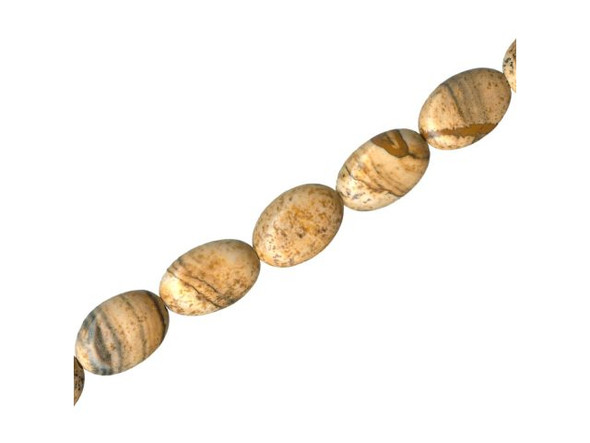 Sand-colored picture jasper beads display streaks and marking that often seem to depict landscapes - from desert sand dunes to rocky mountains to dry riverbeds. This semiprecious gemstone is actually petrified mud. The mud was rich in quartz that oozed and dripped into pockets of gas formed by molten lava. Heat from the exposure turned the mud solid almost instantly. Picture jasper is found in Idaho and Oregon (USA). Our selection of picture jasper beads, donuts, and pendants usually includes both polished and matte picture jasper. These semiprecious jewelry components are said to help re-evaluate life issues, facilitate development, and aid business pursuits.  Find related items below, and find out more about jasper in our Gemstone Index.