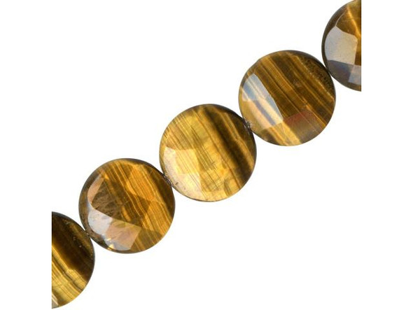 Tiger Eye Gemstone Beads, 16mm Faceted Puffed Coin (strand)