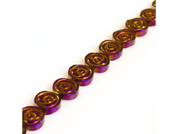 Electroplated Hematine Gemstone Bead, Rose Coin, 12mm - Purple (strand)