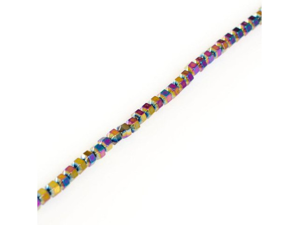 Electroplated Hematine Gemstone Bead, Hexagon Round, 3mm - Rainbow (strand)