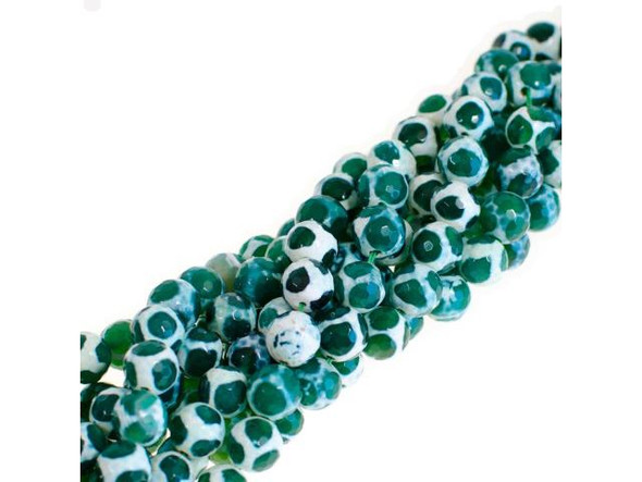 10mm Faceted Round Gemstone Beads, Fired Agate, Green/ White Turtle (strand)