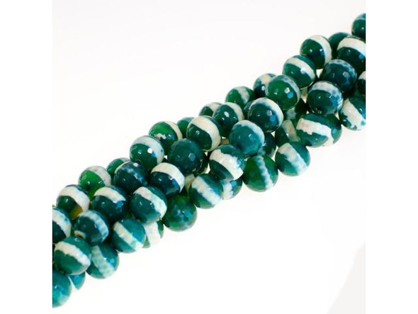 Fired Agate, Green/ White Stripe Gemstone Beads, Fac Round, 10mm (strand)