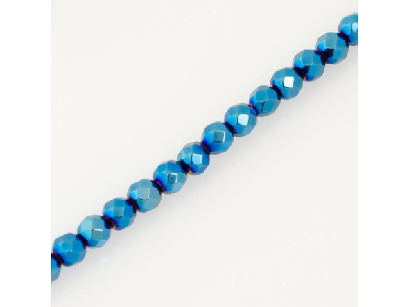 Electroplated Hematine Gemstone Bead, Faceted Round, 4mm - Blue (strand)