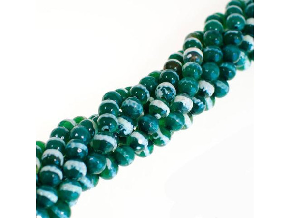 Fired Agate Gemstone Beads, 8mm Faceted Round - Green w White Stripes (strand)