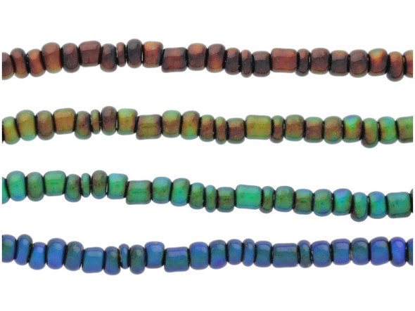 Color-Change Mirage BeadsInspired by the mood jewelry of the 1960s and 1970s, thermo-sensitive liquid crystal beads change color with small temperature changes.  "Long chain crystals" in the colored section of the beads refract light differently at different temperatures, thus creating unique colors in every environment or mood! Mood Chart   Black:Stressed Brown or Gray:Fear Yellow:Nervous   Green:Mixed Emotions Turquoise Blue:Normal Dark Blue:Relaxed   Indigo:Calm Purple:Cool Orange:Lovable   Light Green:Romance Teal:Passion Deep Blue:Very Happy    See Related Products links (below) for similar items and additional jewelry-making supplies that are often used with this item.