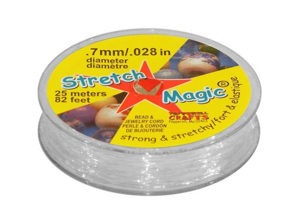 Using Stretch Magic™ Cord      Soft and flexible, yet strong and ultraviolet resistant. (For  increased strength, double the cord.)    Easily stretches to twice its original length.        Cover completely with beads for "endless" bracelets, or use for  nearly invisible stretchy hair bands and necklaces.    As with most other types of stringing cord, pre-stretch your Stretch Magic before stringing, and as you tie each knot.Recommended knots are the Carrick bend (also known as a Josephine knot), or the surgeon's knot.      Which size Stretch Magic for which  beads?    Use the largest cord that you can easily fit through your beads. Some general guidelines:Use 0.5mm Stretch Magic for 3mm crystal  bicone beads.    Use 0.7mm Stretch Magic for 4mm crystal bicones  and tiny glass seed beads.    Use 1mm Stretch Magic for 5mm and larger crystal beads,  gemstones and most Czech glass beads.    See Related Products links (below) for similar items and additional jewelry-making supplies that are often used with this item.