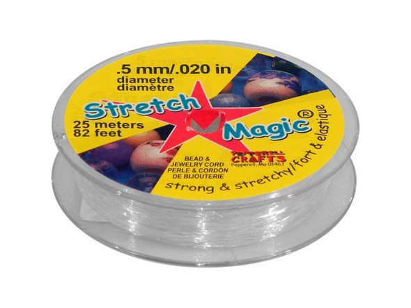 Using Stretch Magic™ Cord      Soft and flexible, yet strong and ultraviolet resistant. (For  increased strength, double the cord.)    Easily stretches to twice its original length.        Cover completely with beads for "endless" bracelets, or use for  nearly invisible stretchy hair bands and necklaces.    As with most other types of stringing cord, pre-stretch your Stretch Magic before stringing, and as you tie each knot.Recommended knots are the Carrick bend (also known as a Josephine knot), or the surgeon's knot.      Which size Stretch Magic for which  beads?    Use the largest cord that you can easily fit through your beads. Some general guidelines:Use 0.5mm Stretch Magic for 3mm crystal  bicone beads.    Use 0.7mm Stretch Magic for 4mm crystal bicones  and tiny glass seed beads.    Use 1mm Stretch Magic for 5mm and larger crystal beads,  gemstones and most Czech glass beads.    See Related Products links (below) for similar items and additional jewelry-making supplies that are often used with this item.