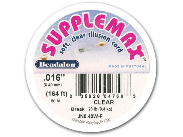 About SuppleMax™ Cord      When using abrasive beads, slide the beads onto the cord  gently, to avoid scraping the cord.    Secure beads and cord ends with superglue, knots or 2mm crimp  beads.    G-S Hypo Tube Cement, #60-250, is a strong, nearly invisible  bond that's excellent for gluing pearls and other small beads to  SuppleMax (it won't react or make material brittle, either).    Hint: Occasionally, SuppleMax will curl when it is removed from  the spool. To remove this curl, cut your desired length and pull  gently on both ends. Body heat (from wearing the necklace) also  tends to uncurl SuppleMax nicely.    Clear Bead Bumpers™ look very nice on Supplemax, but they  are a bit difficult to string onto it. They hold best on  two strands of either size of Supplemax.Use small, lightweight clasps so your clasp doesn't overbalance the necklace.   See Related Products links (below) for similar items and additional jewelry-making supplies that are often used with this item.
