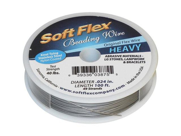 Soft Flex and Soft Touch Wire        Soft Flex Wire is a very flexible stainless steel cable with a nylon coating. It's a tiny version of the cables you see on suspension bridges. Soft Flex is constructed of 7, 21, or 49 micro woven stainless steel wires. Each diameter (.010", .014", .019", .024") is designed to handle certain levels of abrasion, everything from soft, lightweight materials like pearls and seed beads to larger and rougher materials like glass, minerals and metal.No needle is required -- but here's the kicker -- you can knot it! You may not even know it's made of wire! Finish ends with crimp beads, crimp tubes, or knots. When knotting, use an 8-knot so there is no bend on either side.              Diameter  Recommended Use    .010" Peyote stitch and bead weaving    .014"       Softer, less abrasive materials such as freshwater pearls and seed beads.    .019" Small to medium glass beads, Austrian crystals, silver, pewter and seed beads.          .024" Abrasive materials and designs that will meet excessive movement such as watchbands and bracelets. .024" diameter great for multi-strand designs, African beads and large stones.          Confused about this stringing material?  Although Soft Flex, Soft Touch and Beadalon are commonly called beading wire, each is actually a thin, flexible cable made of many woven wires. The result is a strong, user-friendly stringing material.  What is the difference between Soft Flex and Soft Touch? Both styles have the same strength and durability, and both come in the 0.014", 0.019", and 0.024" diameters. Soft Touch is extra flexible, and is available in an additional diameter (0.010") for those who like to weave or stitch.  Soft Touch drapes more threadlike than Soft Flex. So, why use Soft Flex if Soft Touch has better drapability? Many people prefer a bolder, more wire-like look on their pieces and do not want the drape of Soft Touch. Also, Soft Flex comes in a large variety of colors. See Related Products links (below) for similar items and additional jewelry-making supplies that are often used with this item.