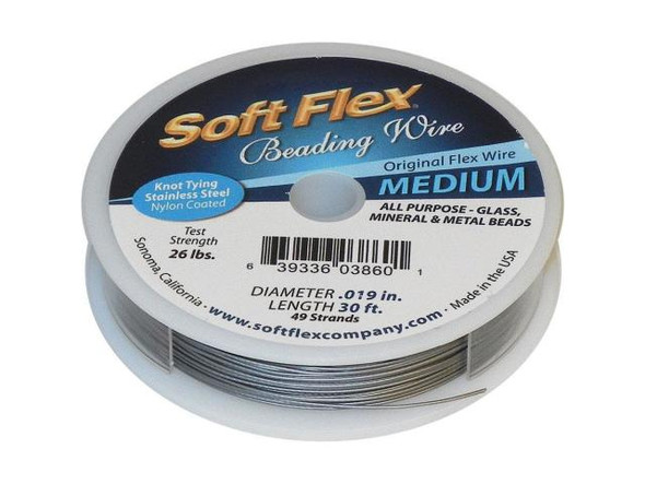 Soft Flex and Soft Touch Wire        Soft Flex Wire is a very flexible stainless steel cable with a nylon coating. It's a tiny version of the cables you see on suspension bridges. Soft Flex is constructed of 7, 21, or 49 micro woven stainless steel wires. Each diameter (.010", .014", .019", .024") is designed to handle certain levels of abrasion, everything from soft, lightweight materials like pearls and seed beads to larger and rougher materials like glass, minerals and metal.No needle is required -- but here's the kicker -- you can knot it! You may not even know it's made of wire! Finish ends with crimp beads, crimp tubes, or knots. When knotting, use an 8-knot so there is no bend on either side.              Diameter  Recommended Use    .010" Peyote stitch and bead weaving    .014"       Softer, less abrasive materials such as freshwater pearls and seed beads.    .019" Small to medium glass beads, Austrian crystals, silver, pewter and seed beads.          .024" Abrasive materials and designs that will meet excessive movement such as watchbands and bracelets. .024" diameter great for multi-strand designs, African beads and large stones.          Confused about this stringing material?  Although Soft Flex, Soft Touch and Beadalon are commonly called beading wire, each is actually a thin, flexible cable made of many woven wires. The result is a strong, user-friendly stringing material.  What is the difference between Soft Flex and Soft Touch? Both styles have the same strength and durability, and both come in the 0.014", 0.019", and 0.024" diameters. Soft Touch is extra flexible, and is available in an additional diameter (0.010") for those who like to weave or stitch.  Soft Touch drapes more threadlike than Soft Flex. So, why use Soft Flex if Soft Touch has better drapability? Many people prefer a bolder, more wire-like look on their pieces and do not want the drape of Soft Touch. Also, Soft Flex comes in a large variety of colors. See Related Products links (below) for similar items and additional jewelry-making supplies that are often used with this item.