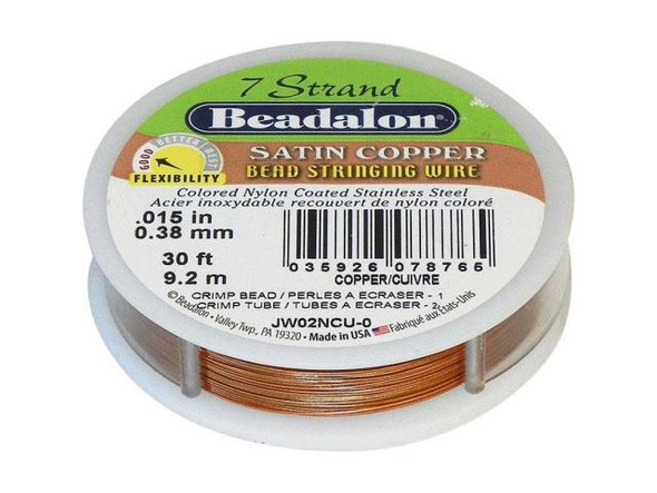 What is Beadalon?     Durable, flexible, multistrand twisted  wire cable with a smooth abrasion-resistant nylon coating.    Very easy to use - no needle required. Instead of knotting,  finish the ends with crimp beads.    Kink resistant: the higher the strand count, the better the  resistance. 7-strand is similar to other brands of tigertail but  has a smoother coating, and 19-strand is even more supple than 7-strand. Beadalon 49 Strand is the softest and most flexible of all Beadalon varieties.    For best durability use the largest diameter that fits your  beads, and the largest number of strands (7, 19 or 49) that fit  your budget.    Beadalon does not stretch, even with heavy beads. Great for  crystal necklaces, gemstones, handmade glass beads, delicate seed beads, freshwater pearls, and anything  that you want to last for decades.For help choosing the perfect size of crimp beads for each size of Beadalon, see Crimps & Cable Size Chart.   See Related Products links (below) for similar items and additional jewelry-making supplies that are often used with this item.