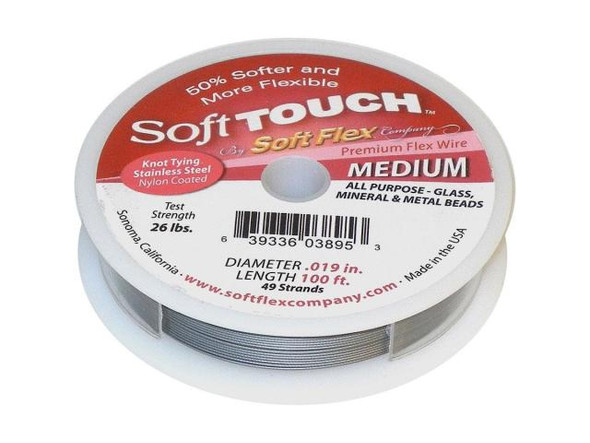 Soft Flex and Soft Touch Wire        Soft Flex Wire is a very flexible stainless steel cable with a nylon coating. It's a tiny version of the cables you see on suspension bridges. Soft Flex is constructed of 7, 21, or 49 micro woven stainless steel wires. Each diameter (.010", .014", .019", .024") is designed to handle certain levels of abrasion, everything from soft, lightweight materials like pearls and seed beads to larger and rougher materials like glass, minerals and metal.No needle is required -- but here's the kicker -- you can knot it! You may not even know it's made of wire! Finish ends with crimp beads, crimp tubes, or knots. When knotting, use an 8-knot so there is no bend on either side.              Diameter  Recommended Use    .010" Peyote stitch and bead weaving    .014"       Softer, less abrasive materials such as freshwater pearls and seed beads.    .019" Small to medium glass beads, Austrian crystals, silver, pewter and seed beads.          .024" Abrasive materials and designs that will meet excessive movement such as watchbands and bracelets. .024" diameter great for multi-strand designs, African beads and large stones.          Confused about this stringing material?  Although Soft Flex, Soft Touch and Beadalon are commonly called beading wire, each is actually a thin, flexible cable made of many woven wires. The result is a strong, user-friendly stringing material.  What is the difference between Soft Flex and Soft Touch? Both styles have the same strength and durability, and both come in the 0.014", 0.019", and 0.024" diameters. Soft Touch is extra flexible, and is available in an additional diameter (0.010") for those who like to weave or stitch.  Soft Touch drapes more threadlike than Soft Flex. So, why use Soft Flex if Soft Touch has better drapability? Many people prefer a bolder, more wire-like look on their pieces and do not want the drape of Soft Touch. Also, Soft Flex comes in a large variety of colors. See Related Products links (below) for similar items and additional jewelry-making supplies that are often used with this item.