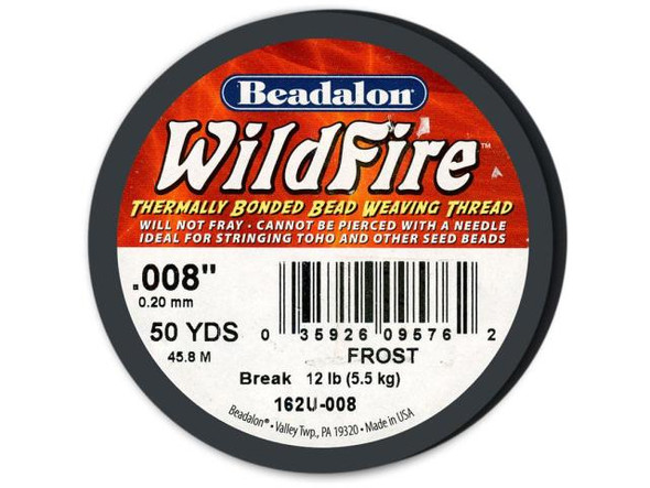 Looking for a beading thread that is both strong and durable? Look no further than Wildfire Thermal Bonded Beading Thread .008 Inch in Frost/ White. With a thermally bonded coating, this superior stringing product is un-pierceable, perfect for all your bead weaving needs. Thanks to its incredible strength and waterproof properties, this knottable cord is great for multi-strand designs and won't fray at the ends, making it easy to thread through a needle. With a thickness of .008 Inch (.20mm) and a 12 lbs breaking point, Wildfire is the ideal choice for your next DIY or handmade jewelry project.