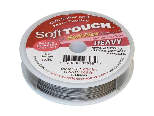 Soft Flex and Soft Touch Wire        Soft Flex Wire is a very flexible stainless steel cable with a nylon coating. It's a tiny version of the cables you see on suspension bridges. Soft Flex is constructed of 7, 21, or 49 micro woven stainless steel wires. Each diameter (.010", .014", .019", .024") is designed to handle certain levels of abrasion, everything from soft, lightweight materials like pearls and seed beads to larger and rougher materials like glass, minerals and metal.No needle is required -- but here's the kicker -- you can knot it! You may not even know it's made of wire! Finish ends with crimp beads, crimp tubes, or knots. When knotting, use an 8-knot so there is no bend on either side.              Diameter  Recommended Use    .010" Peyote stitch and bead weaving    .014"       Softer, less abrasive materials such as freshwater pearls and seed beads.    .019" Small to medium glass beads, Austrian crystals, silver, pewter and seed beads.          .024" Abrasive materials and designs that will meet excessive movement such as watchbands and bracelets. .024" diameter great for multi-strand designs, African beads and large stones.          Confused about this stringing material?  Although Soft Flex, Soft Touch and Beadalon are commonly called beading wire, each is actually a thin, flexible cable made of many woven wires. The result is a strong, user-friendly stringing material.  What is the difference between Soft Flex and Soft Touch? Both styles have the same strength and durability, and both come in the 0.014", 0.019", and 0.024" diameters. Soft Touch is extra flexible, and is available in an additional diameter (0.010") for those who like to weave or stitch.  Soft Touch drapes more threadlike than Soft Flex. So, why use Soft Flex if Soft Touch has better drapability? Many people prefer a bolder, more wire-like look on their pieces and do not want the drape of Soft Touch. Also, Soft Flex comes in a large variety of colors. See Related Products links (below) for similar items and additional jewelry-making supplies that are often used with this item.