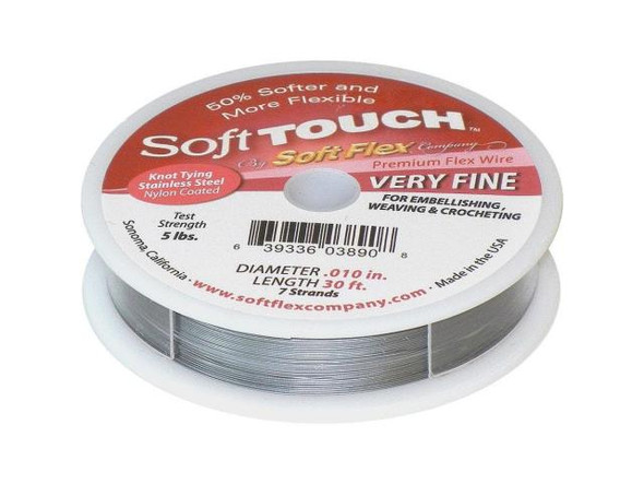 Soft Flex and Soft Touch Wire        Soft Flex Wire is a very flexible stainless steel cable with a nylon coating. It's a tiny version of the cables you see on suspension bridges. Soft Flex is constructed of 7, 21, or 49 micro woven stainless steel wires. Each diameter (.010", .014", .019", .024") is designed to handle certain levels of abrasion, everything from soft, lightweight materials like pearls and seed beads to larger and rougher materials like glass, minerals and metal.No needle is required -- but here's the kicker -- you can knot it! You may not even know it's made of wire! Finish ends with crimp beads, crimp tubes, or knots. When knotting, use an 8-knot so there is no bend on either side.              Diameter  Recommended Use    .010" Peyote stitch and bead weaving    .014"       Softer, less abrasive materials such as freshwater pearls and seed beads.    .019" Small to medium glass beads, Austrian crystals, silver, pewter and seed beads.          .024" Abrasive materials and designs that will meet excessive movement such as watchbands and bracelets. .024" diameter great for multi-strand designs, African beads and large stones.          Confused about this stringing material?  Although Soft Flex, Soft Touch and Beadalon are commonly called beading wire, each is actually a thin, flexible cable made of many woven wires. The result is a strong, user-friendly stringing material.  What is the difference between Soft Flex and Soft Touch? Both styles have the same strength and durability, and both come in the 0.014", 0.019", and 0.024" diameters. Soft Touch is extra flexible, and is available in an additional diameter (0.010") for those who like to weave or stitch.  Soft Touch drapes more threadlike than Soft Flex. So, why use Soft Flex if Soft Touch has better drapability? Many people prefer a bolder, more wire-like look on their pieces and do not want the drape of Soft Touch. Also, Soft Flex comes in a large variety of colors. See Related Products links (below) for similar items and additional jewelry-making supplies that are often used with this item.