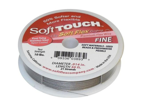 Soft Flex and Soft Touch Wire        Soft Flex Wire is a very flexible stainless steel cable with a nylon coating. It's a tiny version of the cables you see on suspension bridges. Soft Flex is constructed of 7, 21, or 49 micro woven stainless steel wires. Each diameter (.010", .014", .019", .024") is designed to handle certain levels of abrasion, everything from soft, lightweight materials like pearls and seed beads to larger and rougher materials like glass, minerals and metal.No needle is required -- but here's the kicker -- you can knot it! You may not even know it's made of wire! Finish ends with crimp beads, crimp tubes, or knots. When knotting, use an 8-knot so there is no bend on either side.              Diameter  Recommended Use    .010" Peyote stitch and bead weaving    .014"       Softer, less abrasive materials such as freshwater pearls and seed beads.    .019" Small to medium glass beads, Austrian crystals, silver, pewter and seed beads.          .024" Abrasive materials and designs that will meet excessive movement such as watchbands and bracelets. .024" diameter great for multi-strand designs, African beads and large stones.          Confused about this stringing material?  Although Soft Flex, Soft Touch and Beadalon are commonly called beading wire, each is actually a thin, flexible cable made of many woven wires. The result is a strong, user-friendly stringing material.  What is the difference between Soft Flex and Soft Touch? Both styles have the same strength and durability, and both come in the 0.014", 0.019", and 0.024" diameters. Soft Touch is extra flexible, and is available in an additional diameter (0.010") for those who like to weave or stitch.  Soft Touch drapes more threadlike than Soft Flex. So, why use Soft Flex if Soft Touch has better drapability? Many people prefer a bolder, more wire-like look on their pieces and do not want the drape of Soft Touch. Also, Soft Flex comes in a large variety of colors. See Related Products links (below) for similar items and additional jewelry-making supplies that are often used with this item.