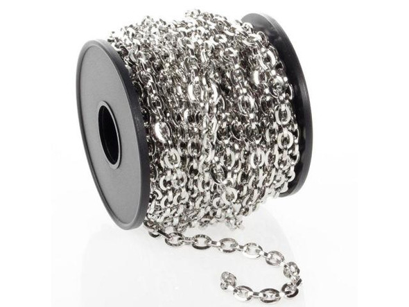 White Plated Square-Wire Oval Cable Chain, 5.8mm, 10-meter (Spool)