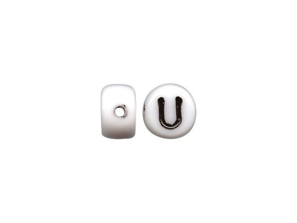 Porcelain Beads, Alphabet, U - White/ Black (fifty)