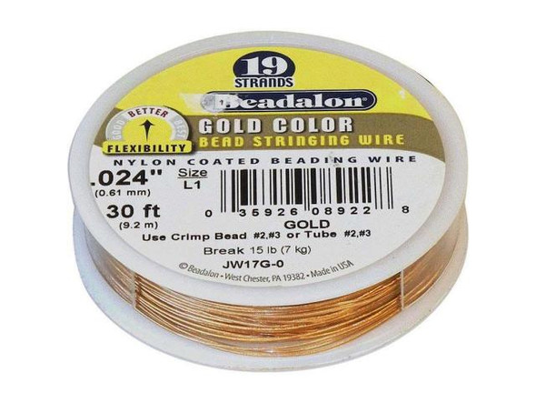 Beadalon Beading Wire, 19 Strand, 0.024", 30' Spool - Gold Color (Spool)