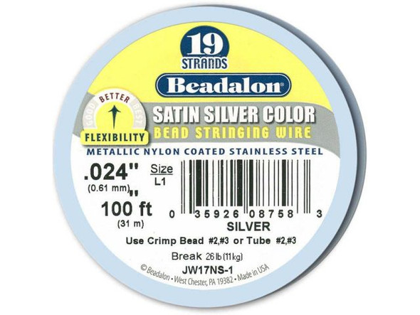 Beadalon Beading Wire, 19 Strand, 0.024", 100' Spool - Silver Satin (100 foot)