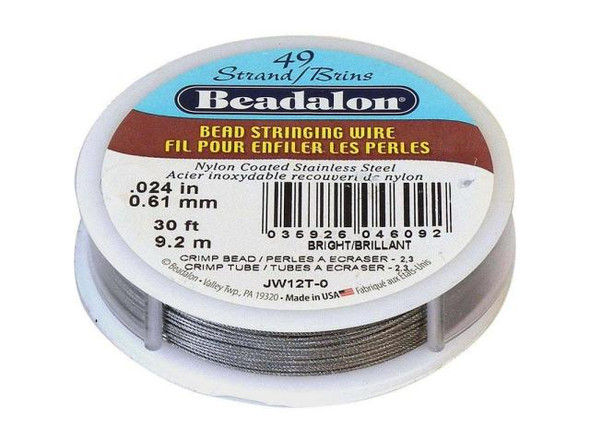 Beadalon Beading Wire, 49 Strand, 0.024", 30' Spool - Bright Steel (30 foot)