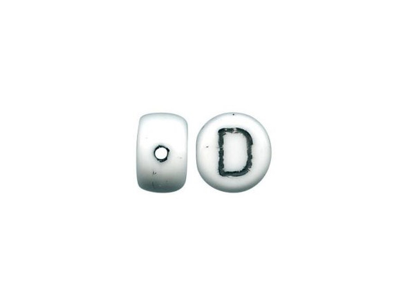 Porcelain Beads, Alphabet, D - White/ Black (fifty)