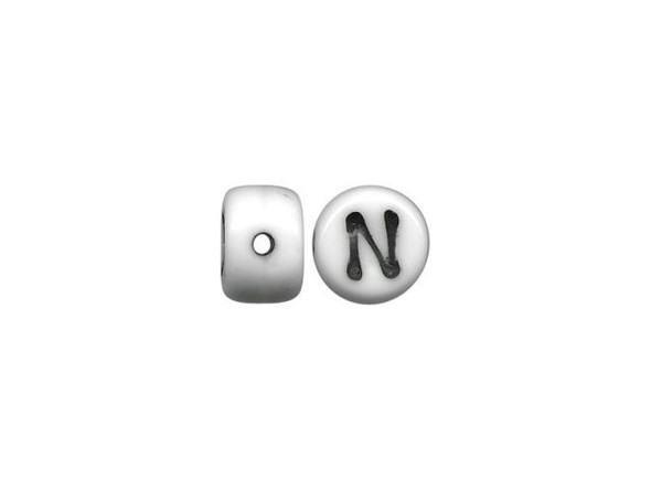 Porcelain Beads, Alphabet, N - White/ Black (fifty)