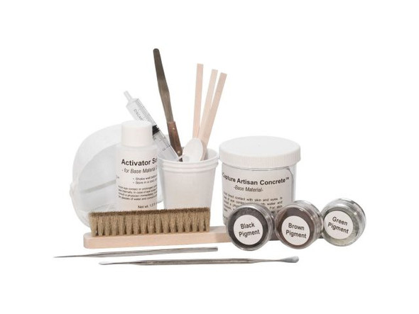 EnCapture Artisan Concrete Kit includes:   6oz of Base Material    1.5oz of Activator Solution    3 Jars of Pigment (Black, Brown, Dark Green)    1 Syringe    1 Spoon    1 Palette Knife    1 Brass Brush    1 Particle Mask    1 Pair of Latex-Free Gloves    3 Small Cups    3 Sticks    1 Straight Carver    1 Double-Ended Carver      See Related Products links (below) for similar items and additional jewelry-making supplies that are often used with this item.