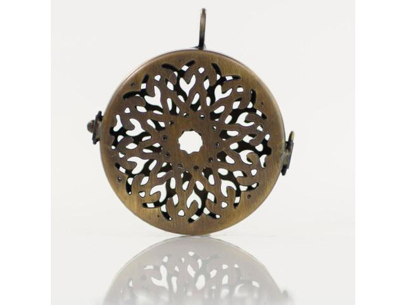 Antiqued Brass Plated Shadow Box Pendant Frame, Round, 2 Sided Flower Filigree Pattern (Each)