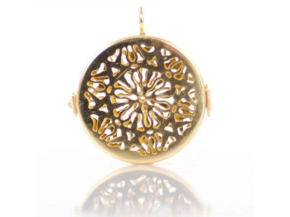 Brass Plated Shadow Box Pendant Frame, Round, 2 Sided Flower Filigree Pattern (Each)