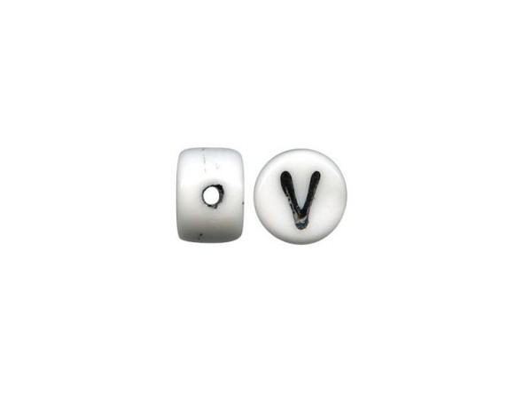 Porcelain Beads, Alphabet, V - White/ Black (fifty)