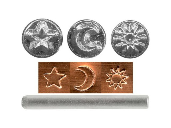 Add a touch of the cosmos to your handmade jewelry pieces using The Beadsmith 3 Piece Celestial Punch Set. This set comes complete with three exquisitely crafted punches, featuring designs of the sun, moon, and stars, allowing you to create unique and personalized jewelry pieces. Each punch is made of tempered steel, ensuring they last for years, while the 5mm (3/16 inch) design width makes them perfect for use on non-ferrous metals like sterling silver, copper, and Vintaj natural brass. Simply use basic masking tape to hold your blank in place and let your imagination run wild. With The Beadsmith 3 Piece Celestial Punch Set, the possibilities for stunning celestial designs are endless. Order your set today and send your creativity to the moon and back!