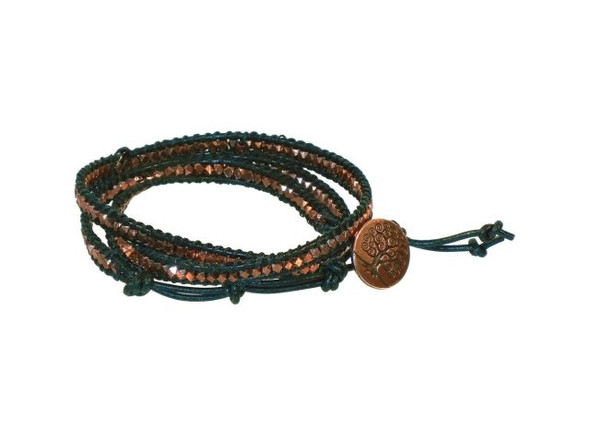 Complete List of Items in the Wrapped Leather Bracelet Kit (#45-204-007)*  Includes 1 strand of 2.5mm Antiqued copper plated faceted cube beadsIncludes 2 meters of 1.5mm Black Greek leatherIncludes one spool of Super-Lon (size D) Black cordIncludes one TierraCast tree of life buttonIncludes five Size 12 beading needles   *Re-order quantities of individual stock items will vary from kit contents.      See complete instructions in our blog. See similar project in our Design Gallery.      See Related Products links (below) for similar items and additional jewelry-making supplies that are often used with this item.  