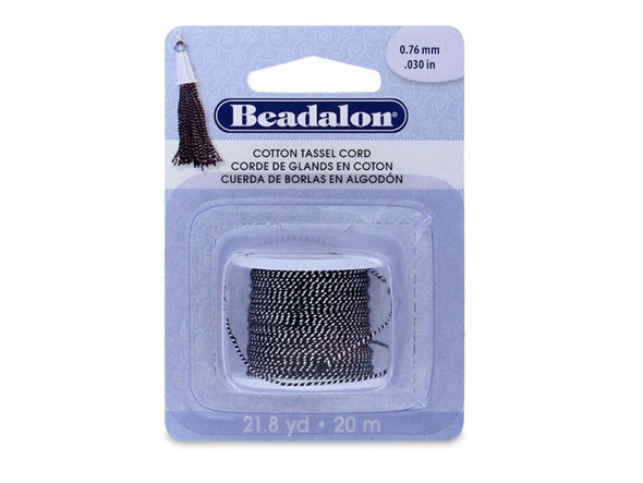 Metallic Silver on Black 0.76mm Cotton Tassel Cord, 20-Meter Spool (Each)