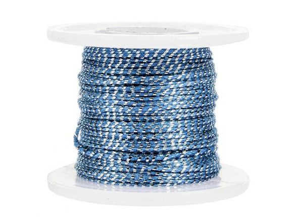 Metallic Silver on Blue 0.76mm Cotton Tassel Cord, 20-Meter Spool (Each)