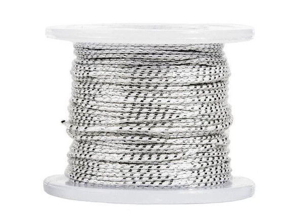 Metallic Silver on White 0.76mm Cotton Tassel Cord, 20-Meter Spool (Each)