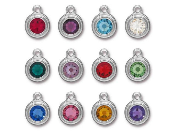 Birthstone colors in this image, listed as Month (Gemstone name, PRESTIGE Crystal crystal color name):January (Garnet, siam)February (Amethyst, amethyst)March (Aquamarine, aquamarine)April (Diamond, clear crystal / CAL)May (Emerald, emerald)June (Alexandrite, light amethyst)July (Ruby, light siam)August (Peridot, peridot) -- pronounced pair-ih-doeSeptember (Sapphire, sapphire)October (Rose Zircon, rose)November (Golden topaz, topaz)December (Tanzanite, tanzanite)See Related Products links (below) for similar items and additional jewelry-making supplies that are often used with this item.