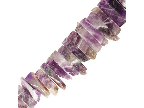 Cape Amethyst beads are cut from amethyst that is layered or striped with milky quartz that forms attractive patterns in the stone. This semiprecious gemstone is usually translucent and ranges in color from light purple to medium purple. Our cape amethyst beads are created by Mother Nature, so keep in mind that the bead strands you buy will not have identical patterns to the strand pictured in our secure online store. Amethyst is said to instill high ideals and urge one to do what is right. These semiprecious beads are also said to cure impatience, balance high energy, eliminate chaos, and help keep one grounded. To help your cape amethyst gemstone beads maintain their full purple hues, do not store them in direct sunlight.  See Related Products links (below) for similar items and additional jewelry-making supplies that are often used with this item.