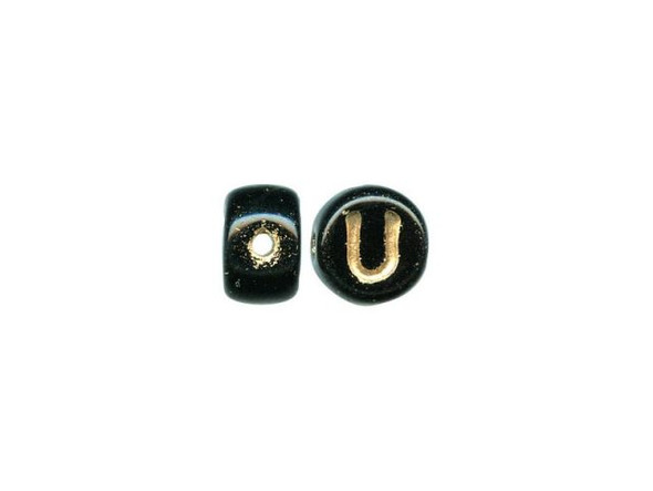 Porcelain Beads, Alphabet, Black/Gold, U (fifty)