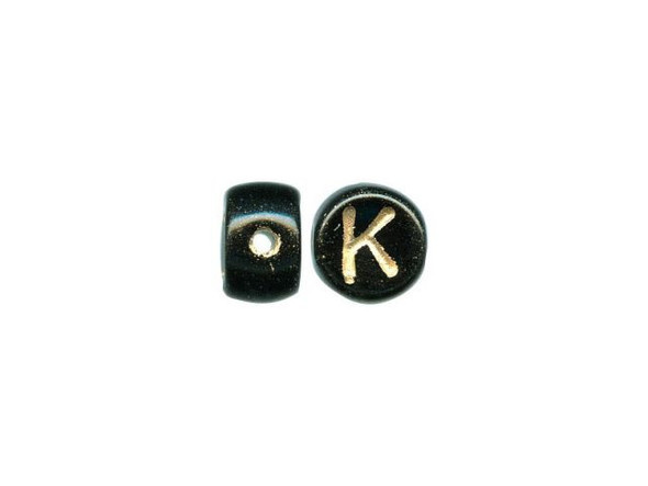 Porcelain Beads, Alphabet, Black/Gold, K (fifty)