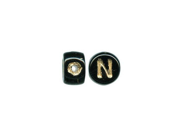 Porcelain Beads, Alphabet, Black/Gold, N (fifty)