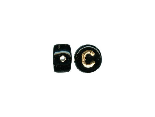 Porcelain Beads, Alphabet, Black/Gold, C (fifty)