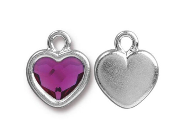 TierraCast Rhodium Plate Heart Charm w Fuchsia Crystal Heart (Each)