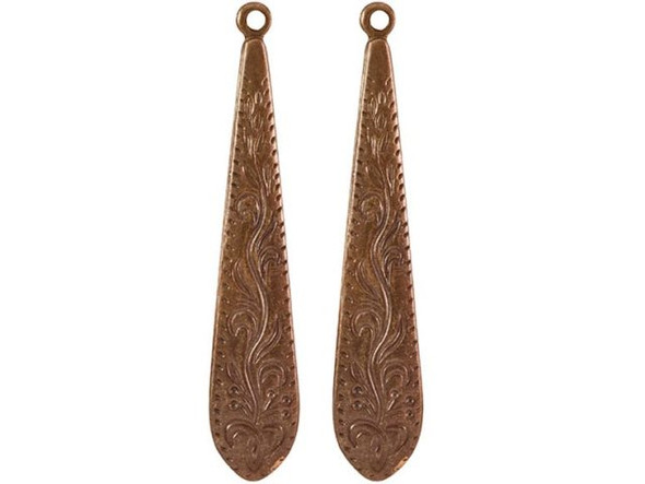 Vintaj Natural Brass Charm, Ornate Long Etched Dangle, 36x7mm (pair)