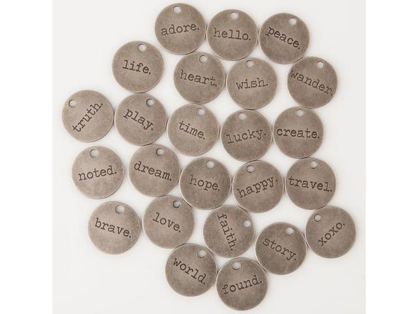 Full list of words on these typed tokens: adore. brave. create. dream. faith. found. happy. heart. hello. hope. life. love. lucky. noted. peace. play. story. time. travel. truth. wander. wish. world. xoxo. See Related Products links (below) for similar items and additional jewelry-making supplies that are often used with this item.