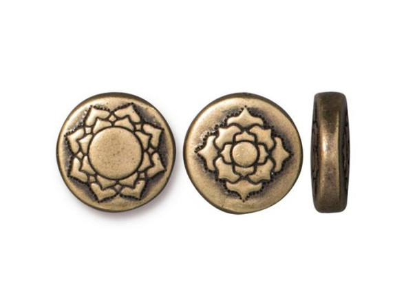 TierraCast Lotus Coin Bead - Antiqued Brass Plated (Each)