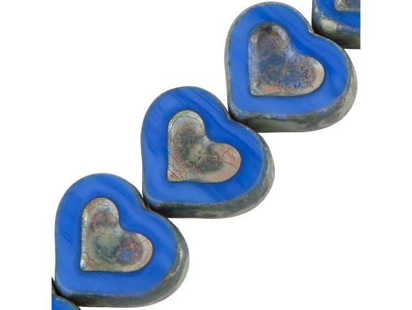 Czech Glass Bead, 12x14mm Table Cut Heart - Royal Blue/ Dark Travertine (strand)